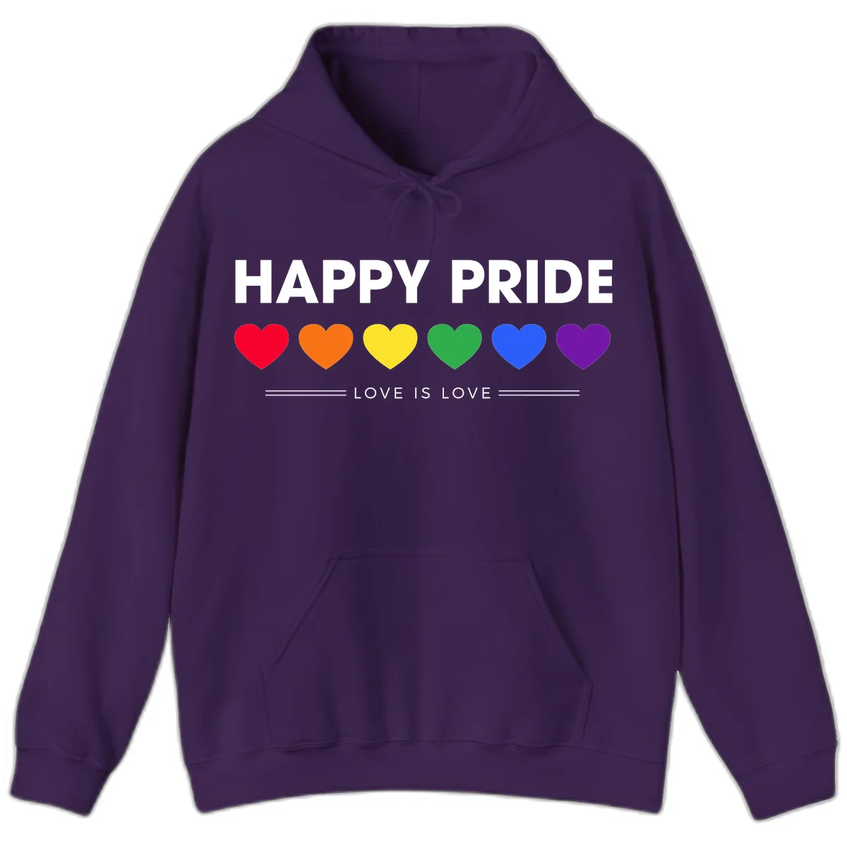 Love is love pride design with six colorful rainbow hearts and celebratory text on gray background in Purple