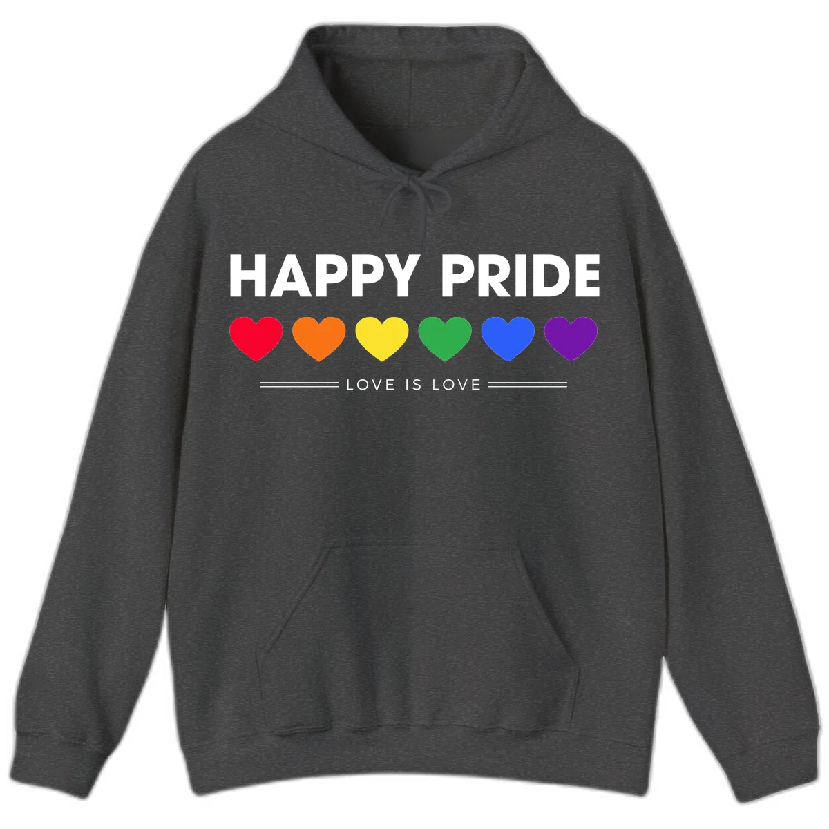 Love is love pride design with six colorful rainbow hearts and celebratory text on gray background in Dark Heather