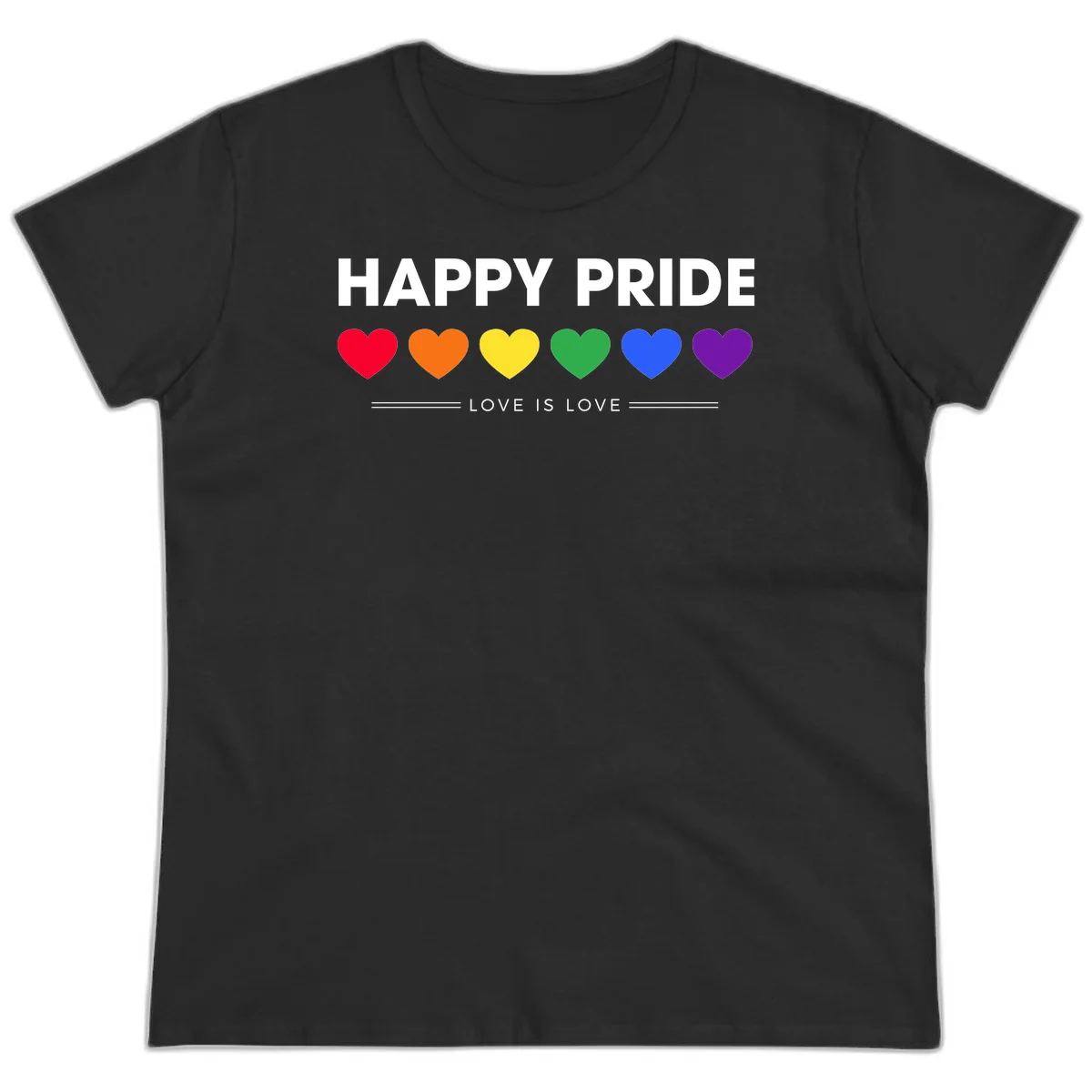Love is love pride design with six colorful rainbow hearts and celebratory text on gray background in Black