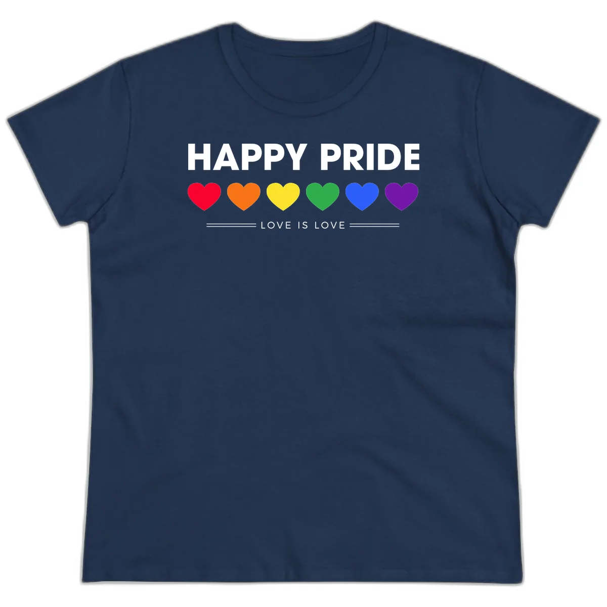 Love is love pride design with six colorful rainbow hearts and celebratory text on gray background in Navy