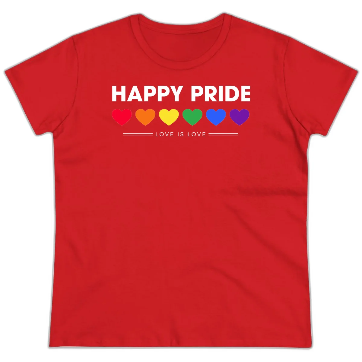 Love is love pride design with six colorful rainbow hearts and celebratory text on gray background in Red