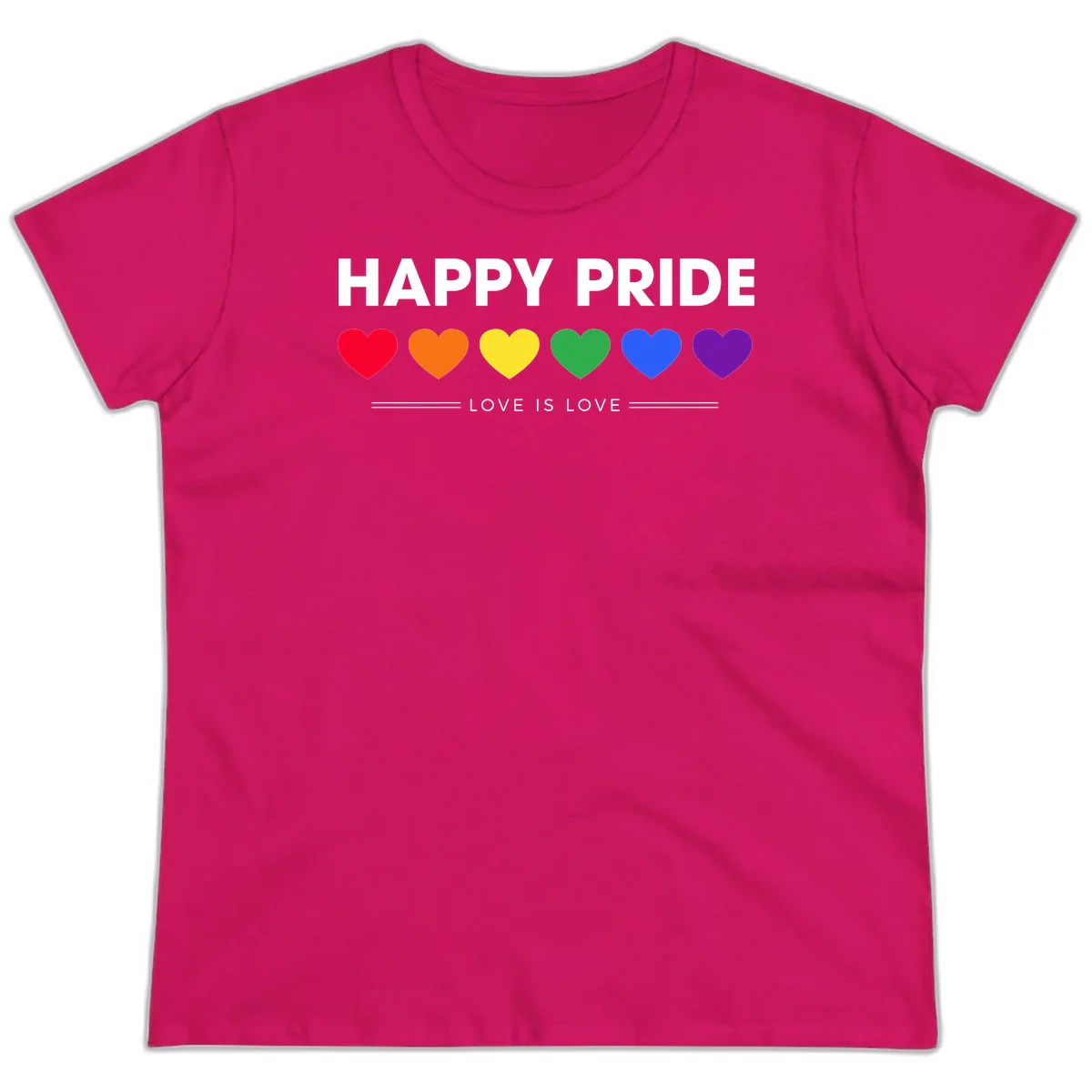 Love is love pride design with six colorful rainbow hearts and celebratory text on gray background in Heliconia