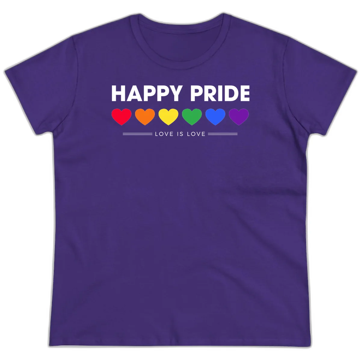 Love is love pride design with six colorful rainbow hearts and celebratory text on gray background in Purple