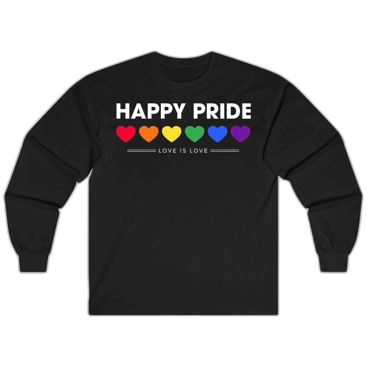 Love is love pride design with six colorful rainbow hearts and celebratory text on gray background in Black