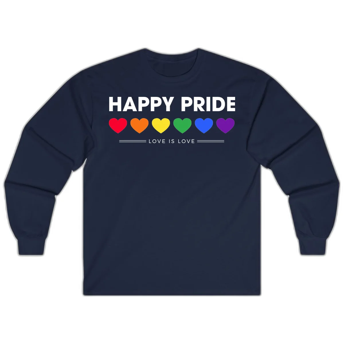 Love is love pride design with six colorful rainbow hearts and celebratory text on gray background in Navy