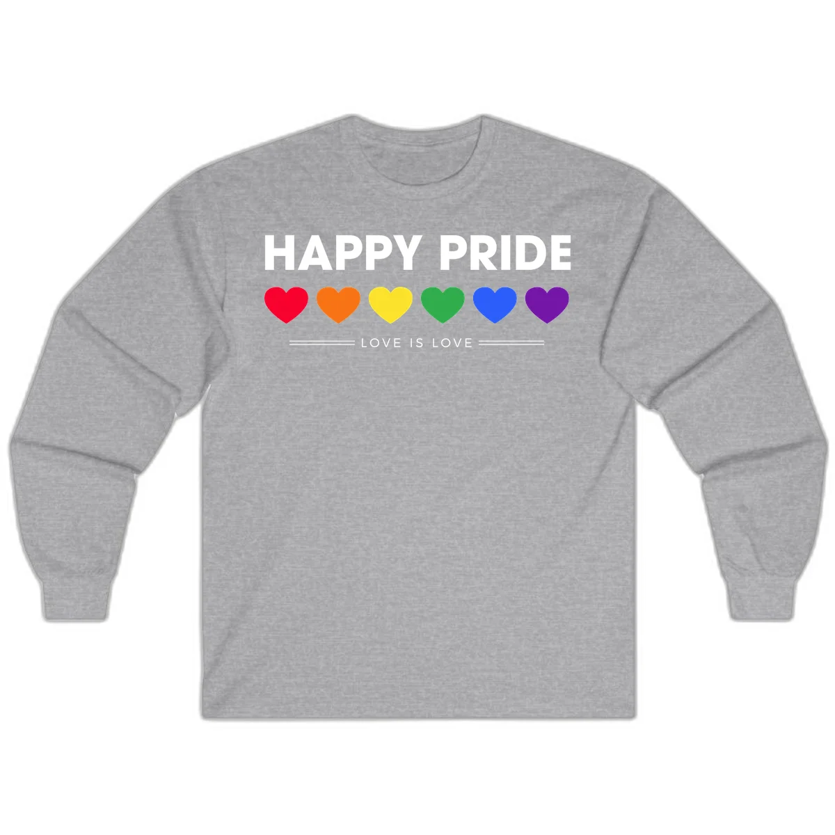 Love is love pride design with six colorful rainbow hearts and celebratory text on gray background in Sport Grey