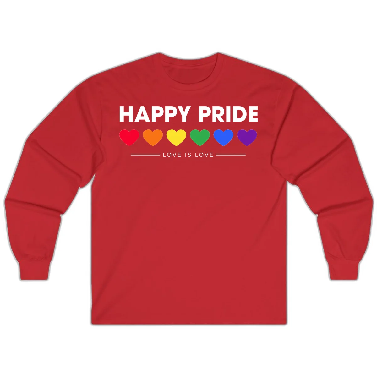 Love is love pride design with six colorful rainbow hearts and celebratory text on gray background in Red