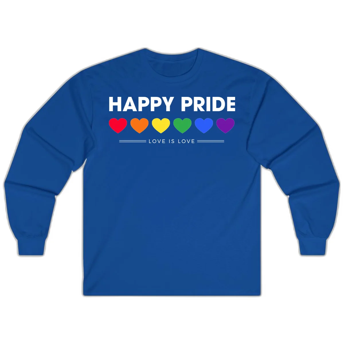 Love is love pride design with six colorful rainbow hearts and celebratory text on gray background in Royal