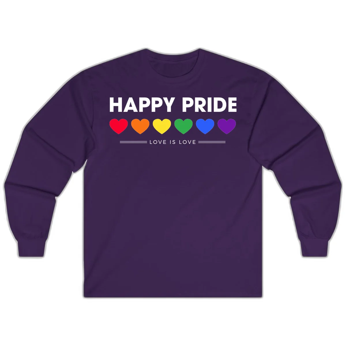 Love is love pride design with six colorful rainbow hearts and celebratory text on gray background in Purple