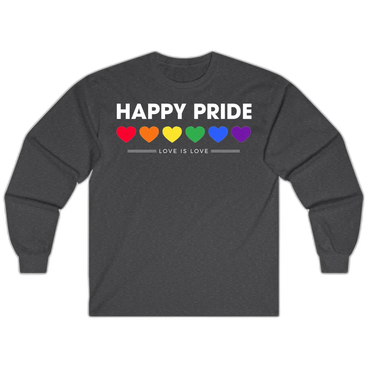 Love is love pride design with six colorful rainbow hearts and celebratory text on gray background in Dark Heather