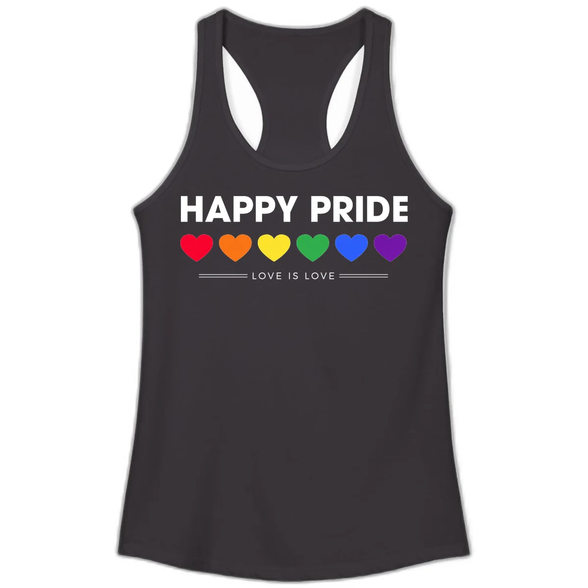 Love is love pride design with six colorful rainbow hearts and celebratory text on gray background in Black