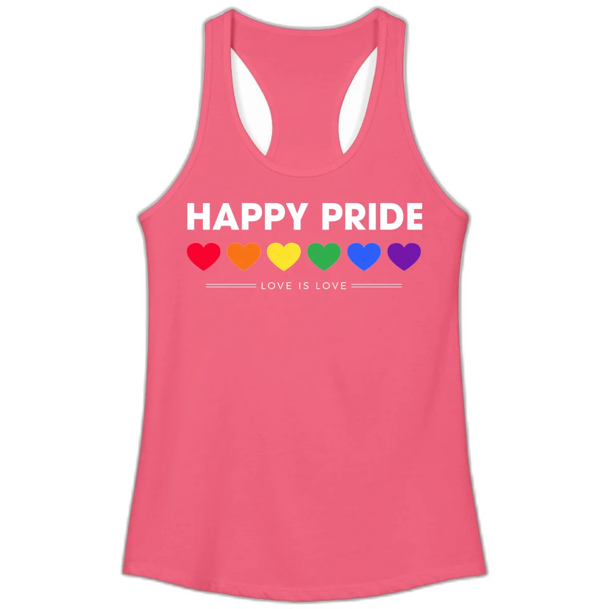 Love is love pride design with six colorful rainbow hearts and celebratory text on gray background in Hot Pink