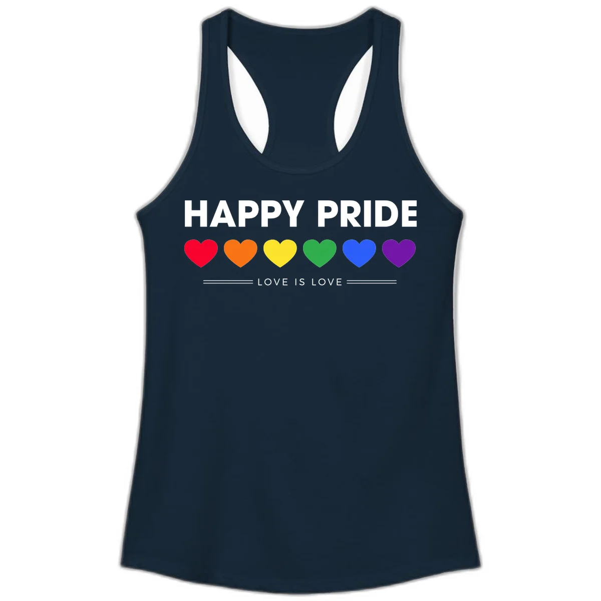 Love is love pride design with six colorful rainbow hearts and celebratory text on gray background in Solid Midnight Navy