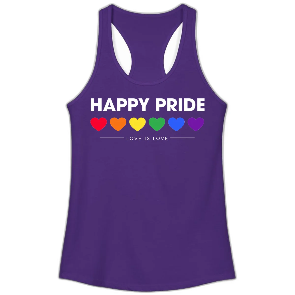 Love is love pride design with six colorful rainbow hearts and celebratory text on gray background in Solid Purple Rush
