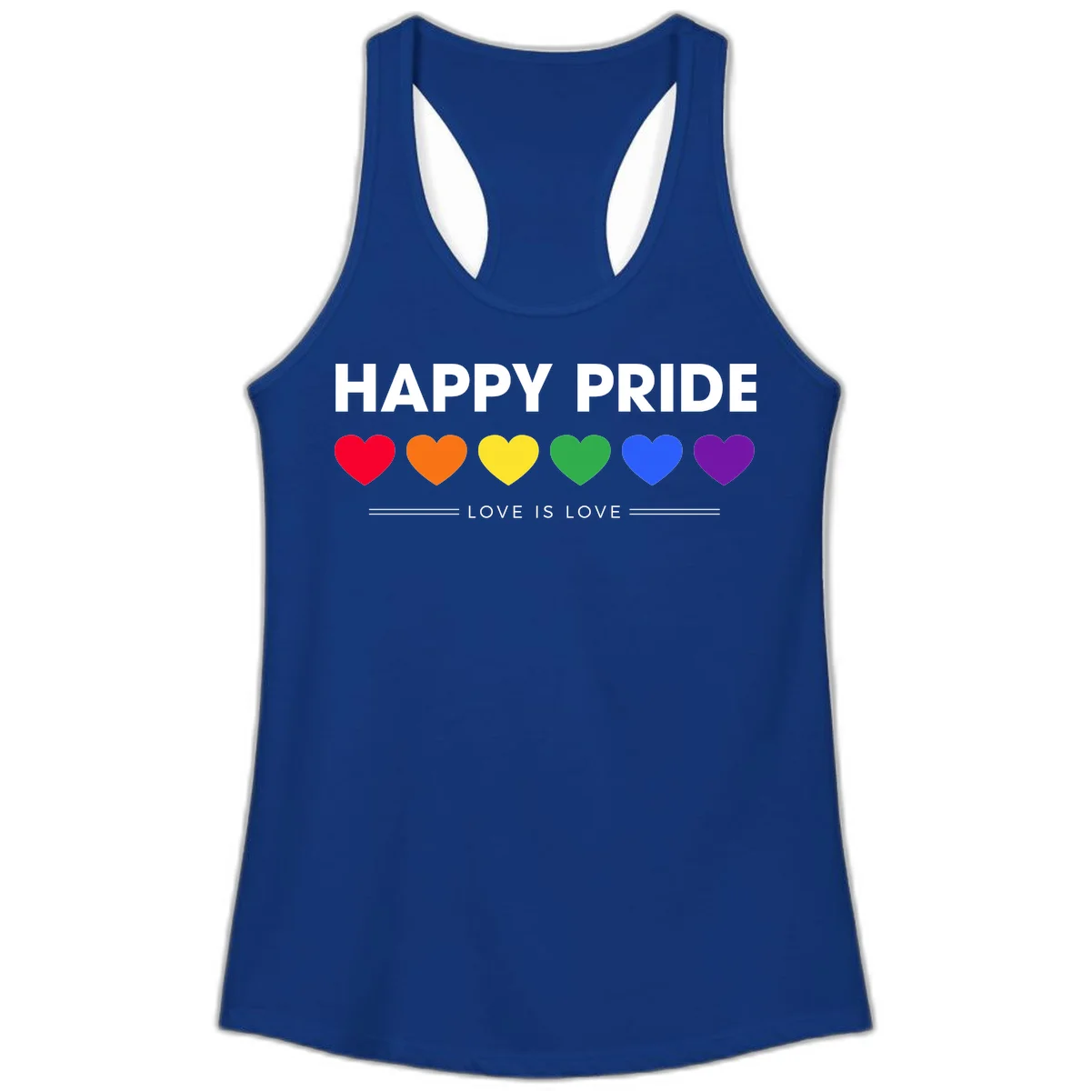 Love is love pride design with six colorful rainbow hearts and celebratory text on gray background in Solid Royal