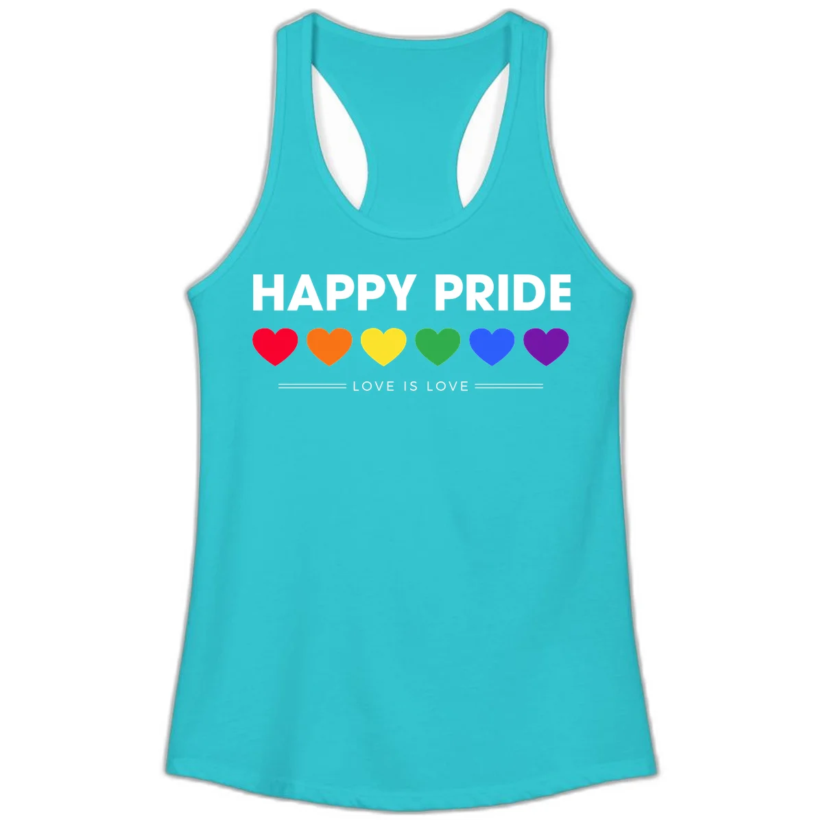 Love is love pride design with six colorful rainbow hearts and celebratory text on gray background in Solid Tahiti Blue