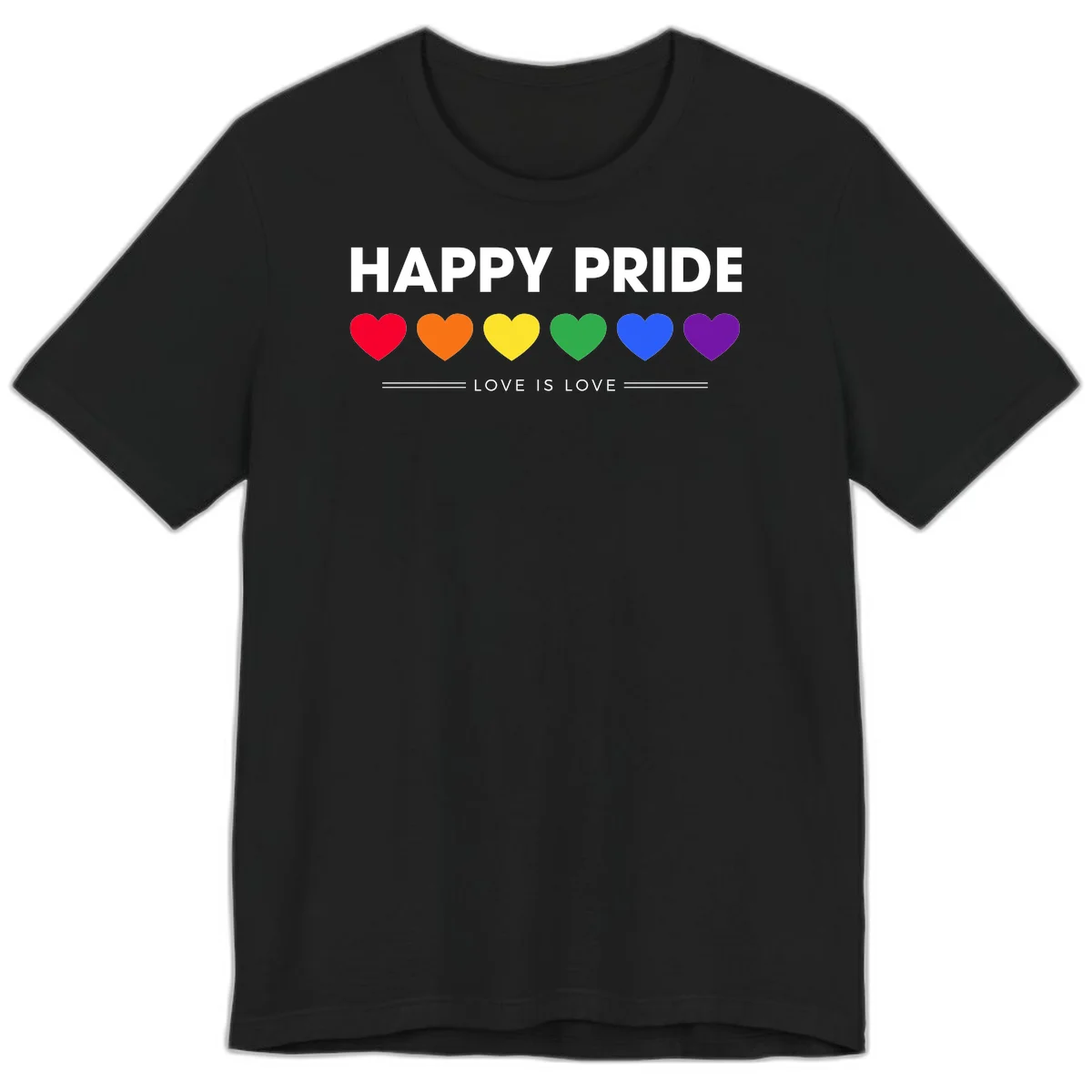 Love is love pride design with six colorful rainbow hearts and celebratory text on gray background in Black