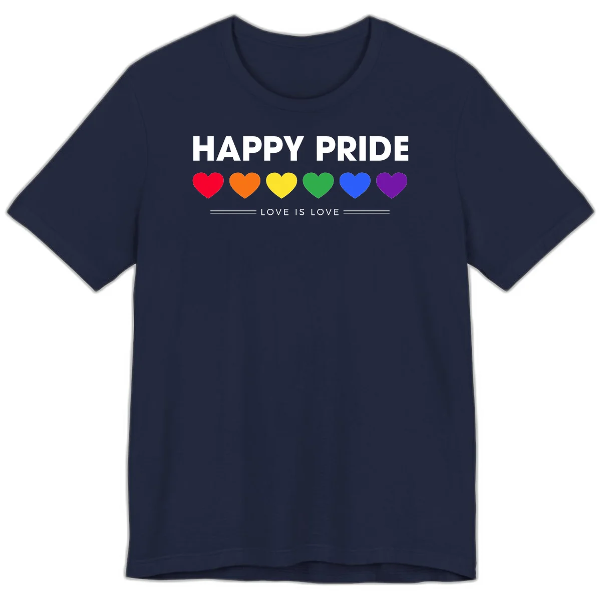 Love is love pride design with six colorful rainbow hearts and celebratory text on gray background in Navy
