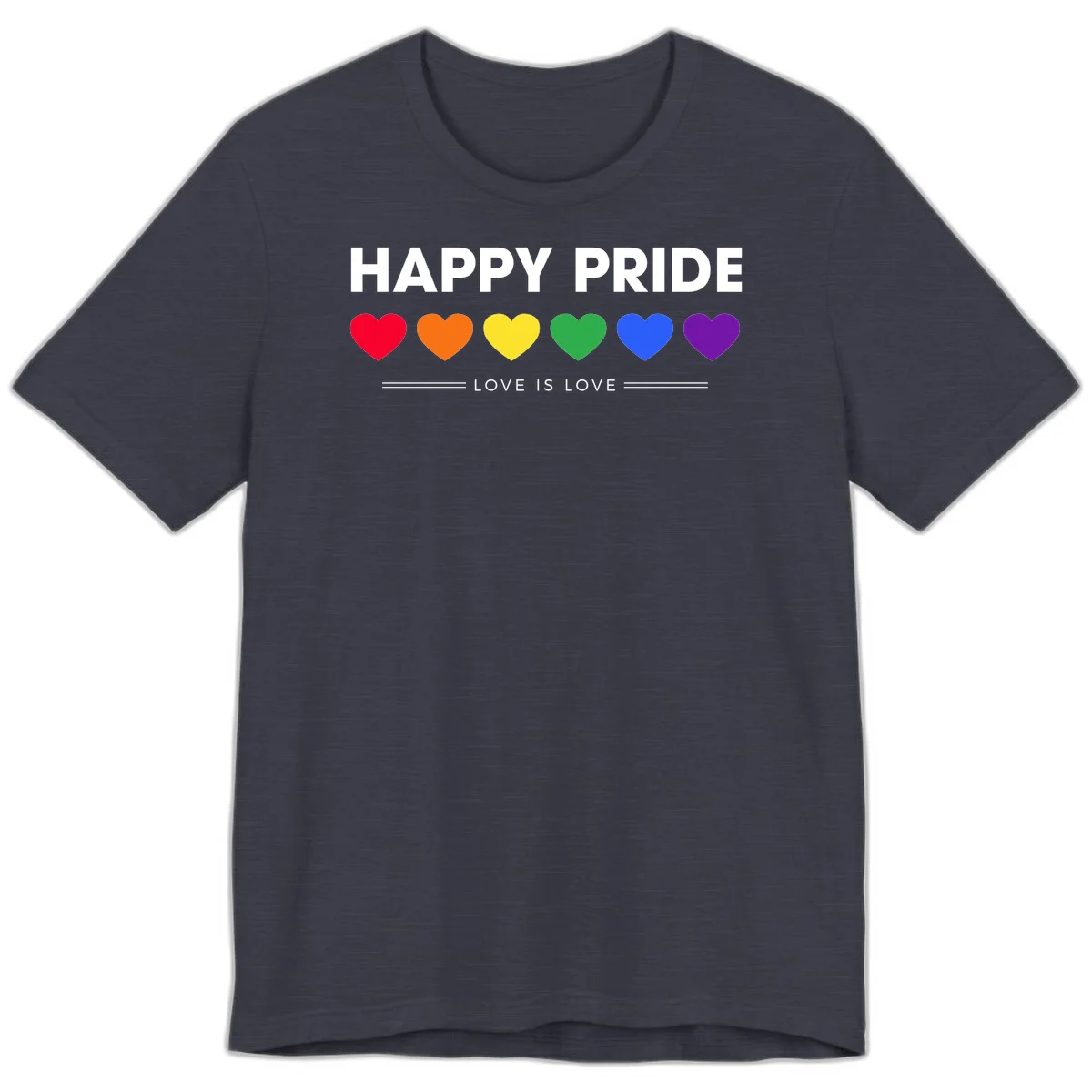 Love is love pride design with six colorful rainbow hearts and celebratory text on gray background in Heather Midnight Navy
