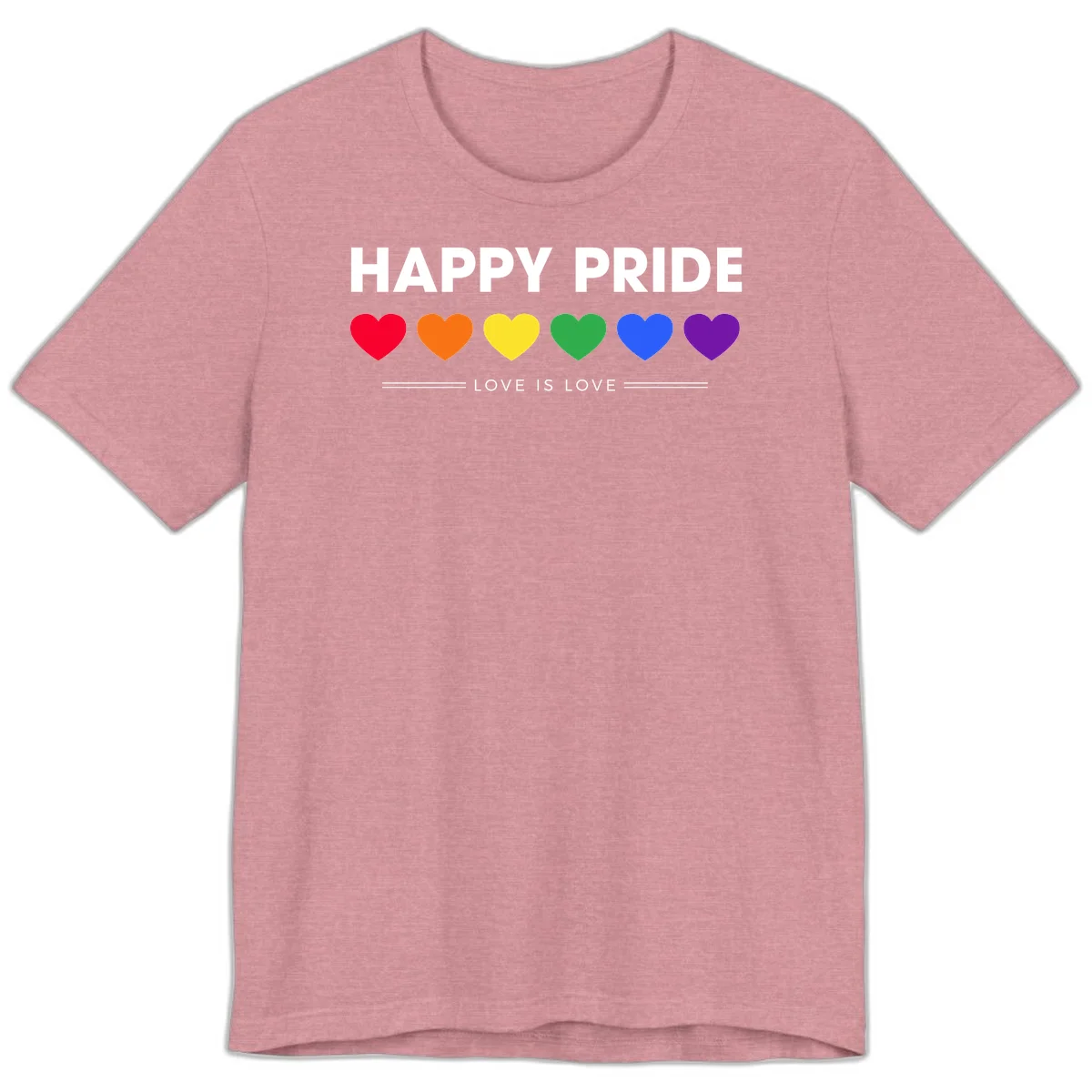 Love is love pride design with six colorful rainbow hearts and celebratory text on gray background in Heather Orchid