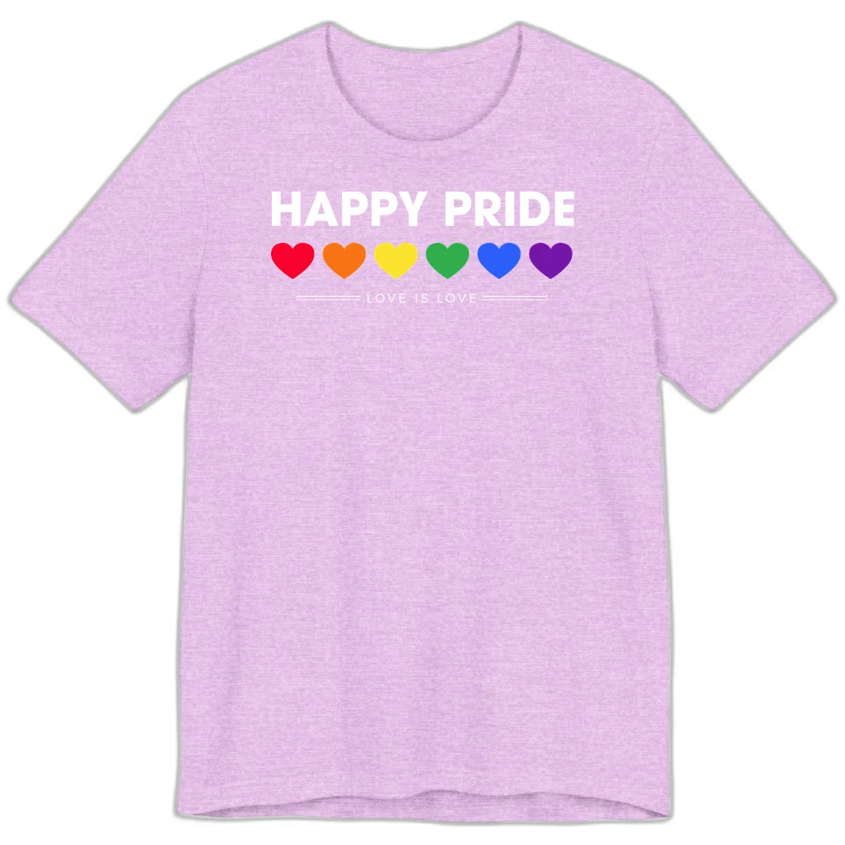 Love is love pride design with six colorful rainbow hearts and celebratory text on gray background in Heather Prism Lilac