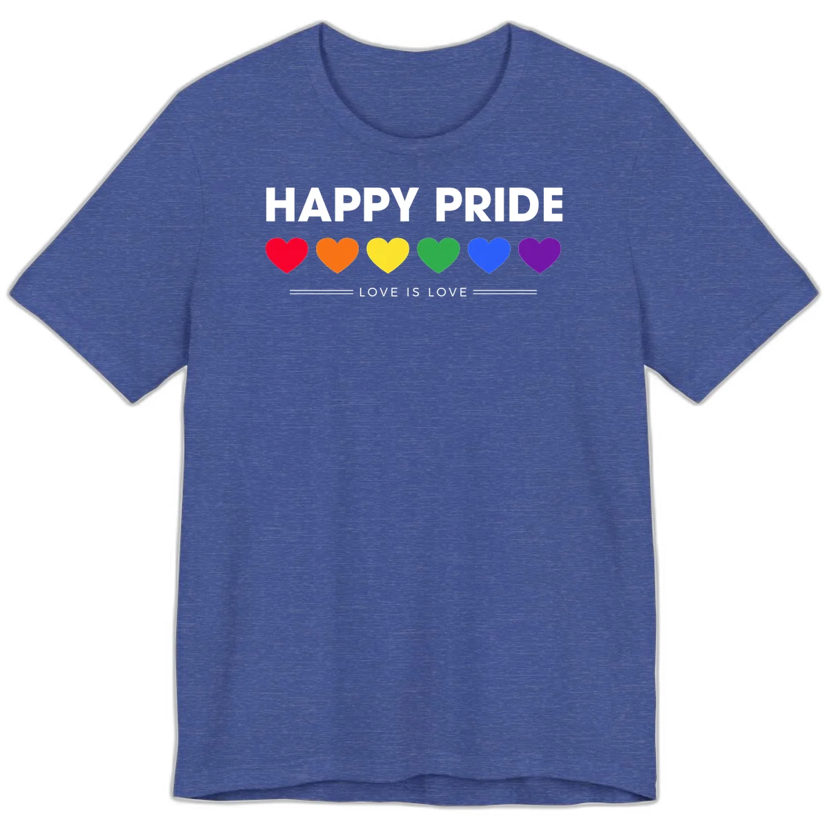 Love is love pride design with six colorful rainbow hearts and celebratory text on gray background in Heather True Royal
