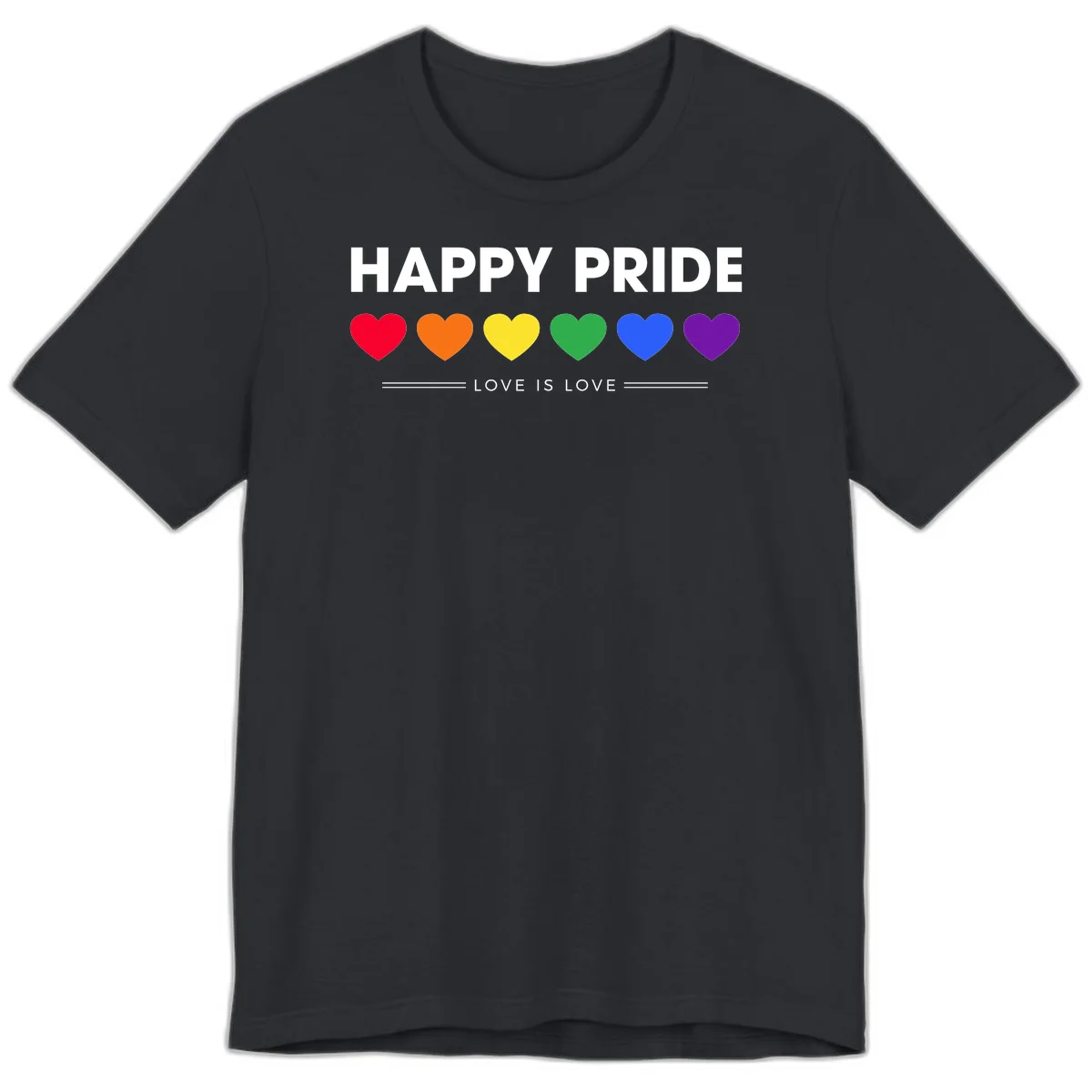 Love is love pride design with six colorful rainbow hearts and celebratory text on gray background in Vintage Black