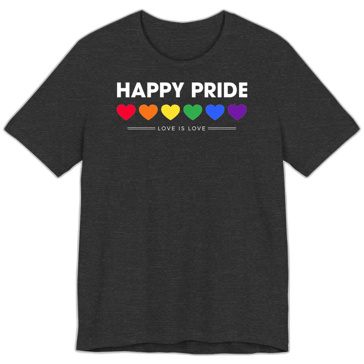 Love is love pride design with six colorful rainbow hearts and celebratory text on gray background in Dark Grey Heather