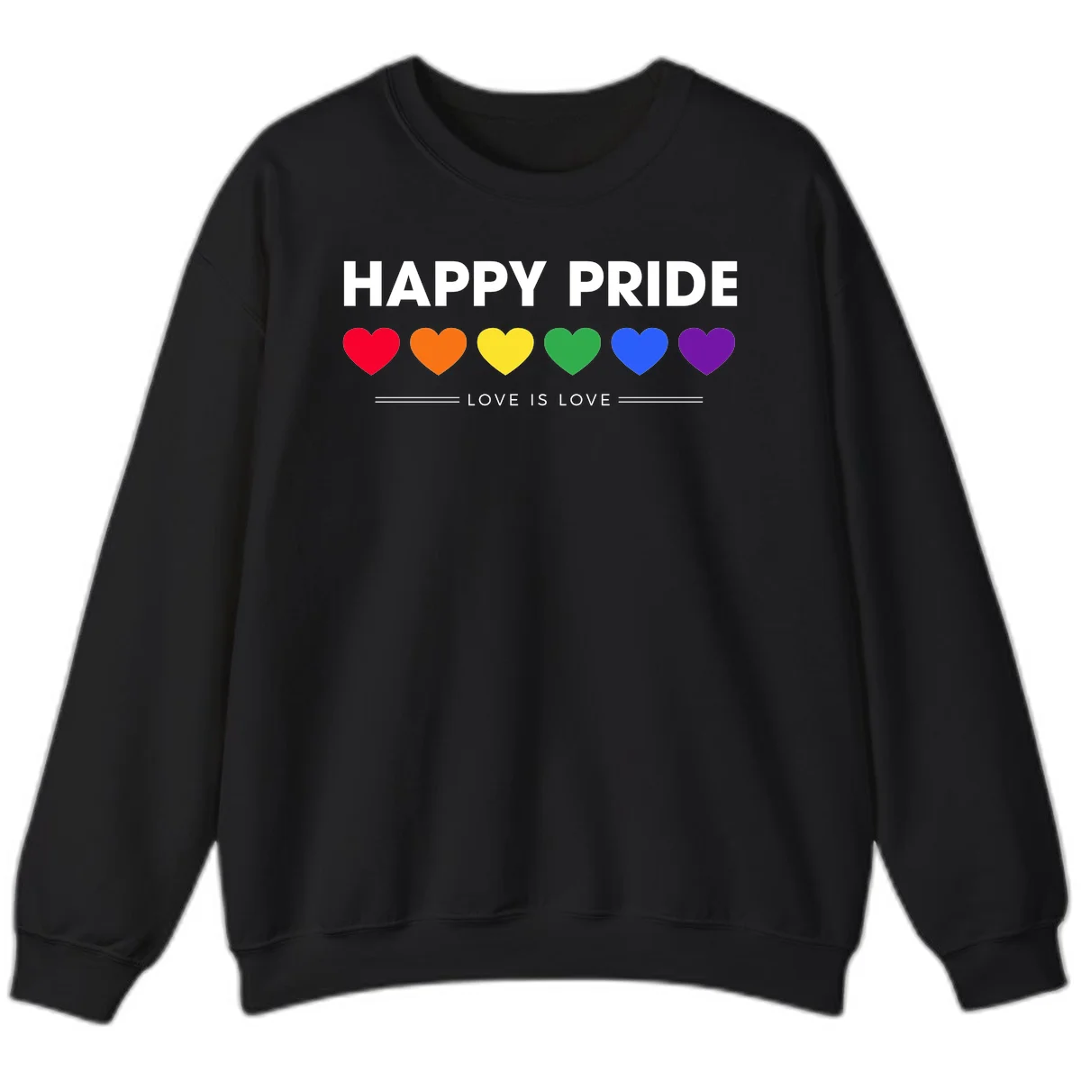 Love is love pride design with six colorful rainbow hearts and celebratory text on gray background in Black