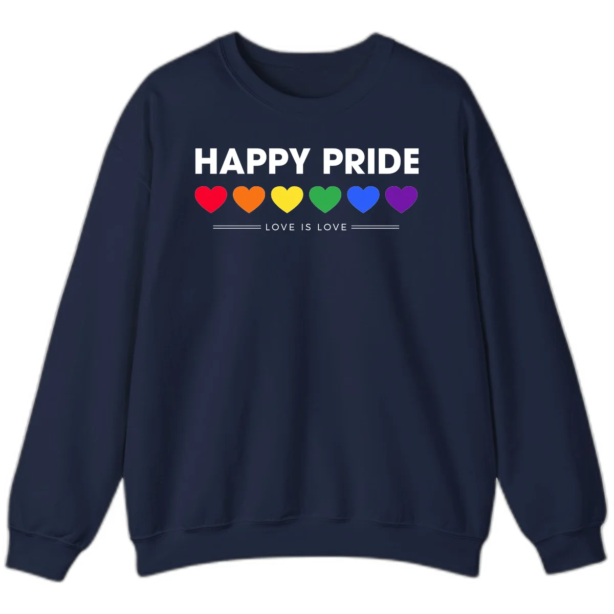 Love is love pride design with six colorful rainbow hearts and celebratory text on gray background in Navy