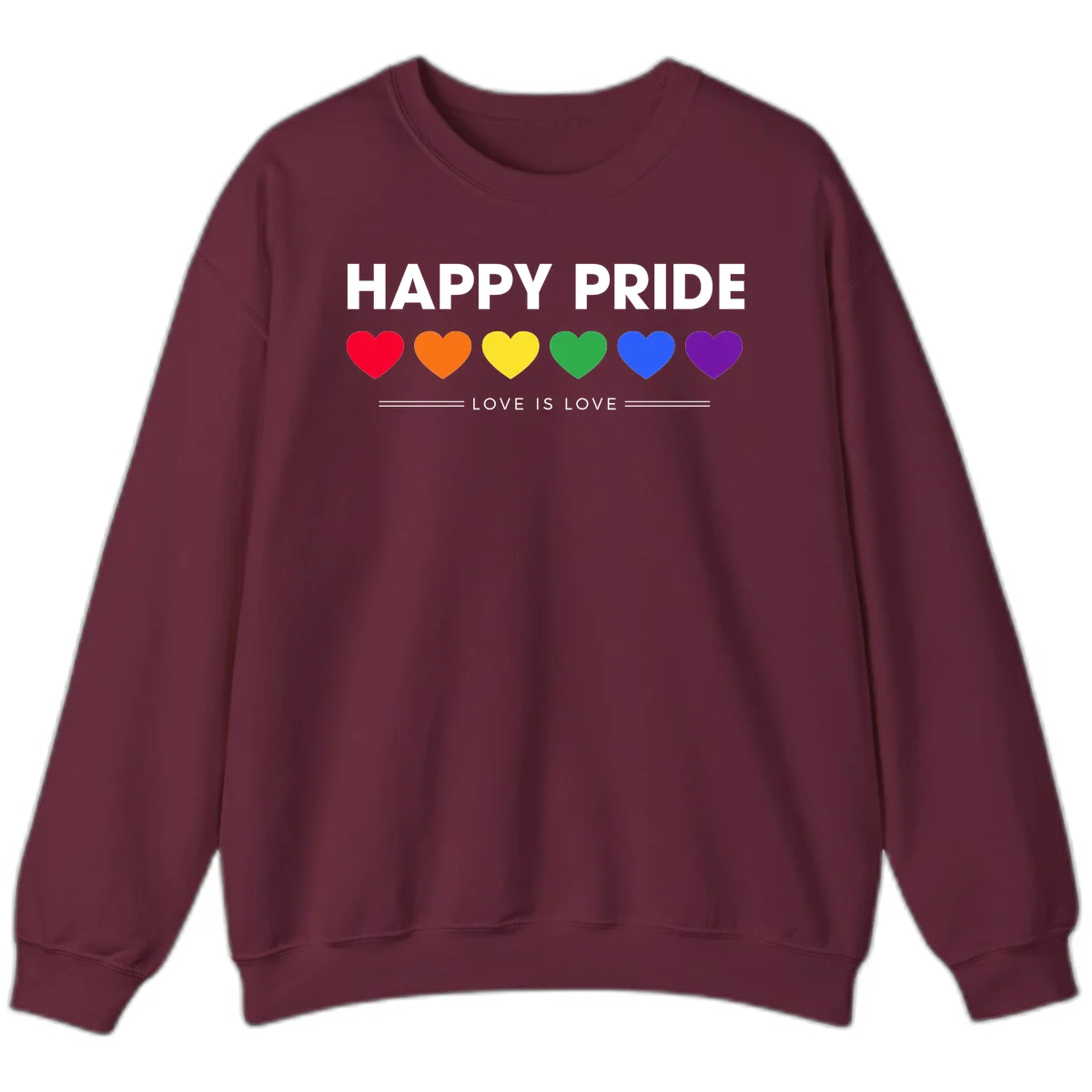Love is love pride design with six colorful rainbow hearts and celebratory text on gray background in Maroon