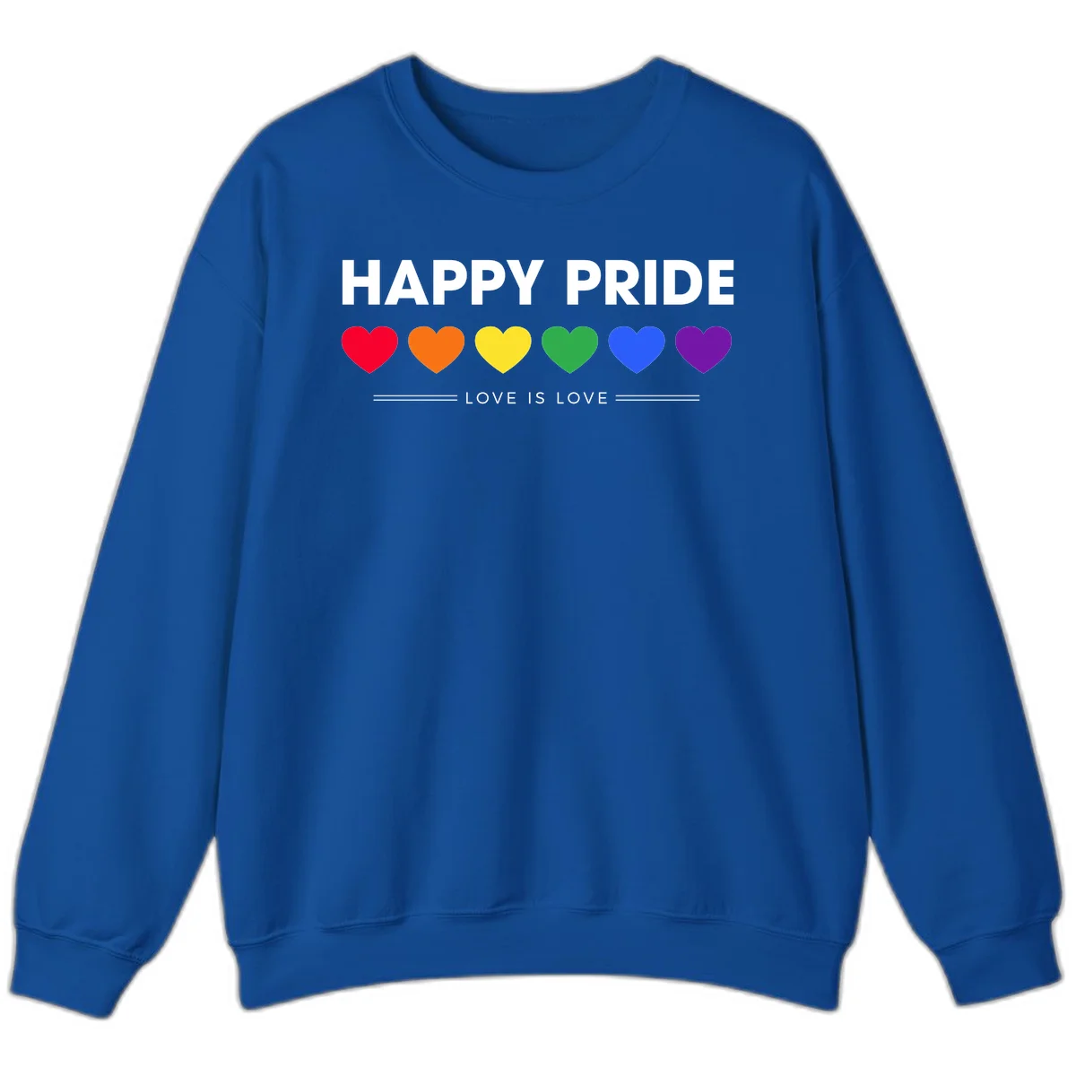 Love is love pride design with six colorful rainbow hearts and celebratory text on gray background in Royal