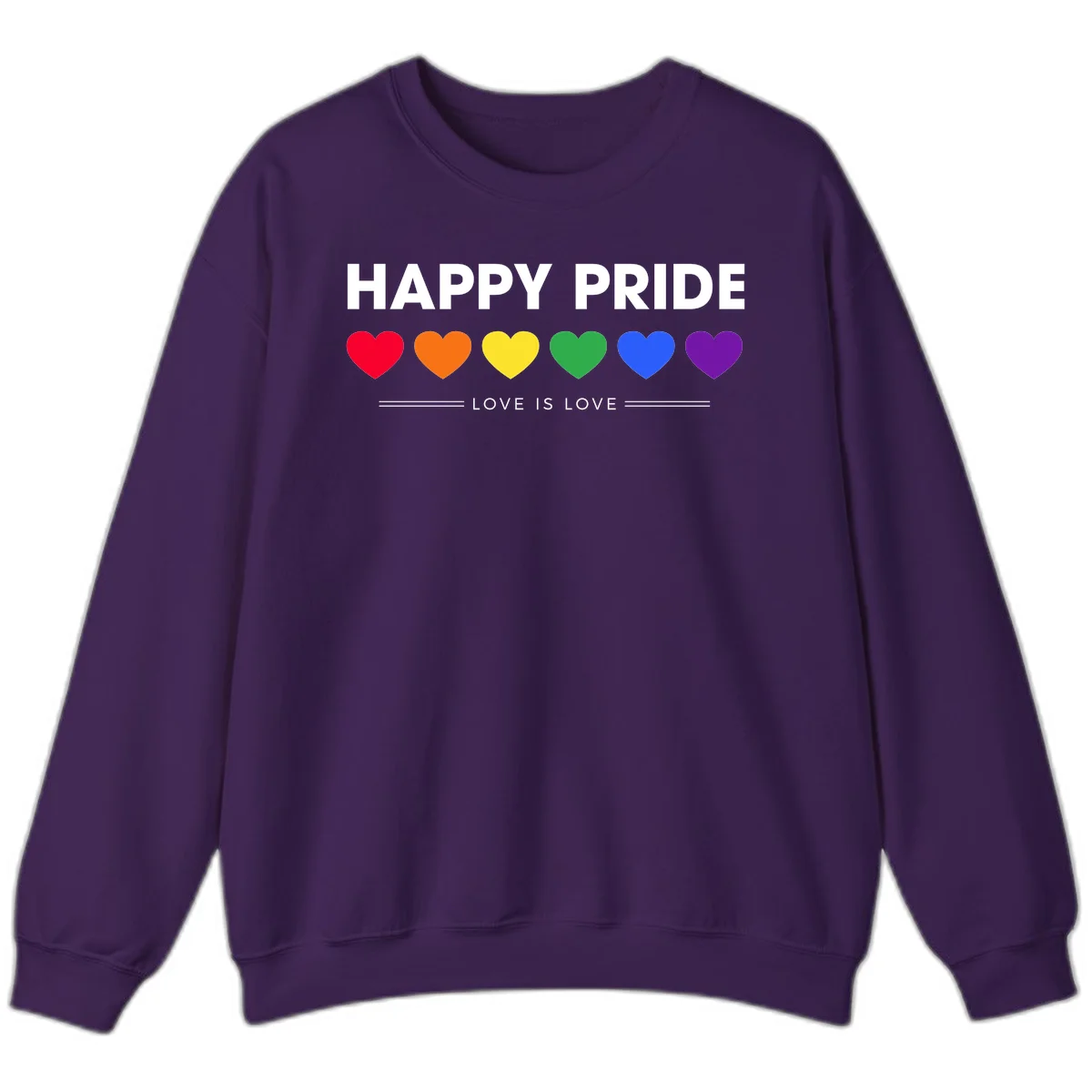 Love is love pride design with six colorful rainbow hearts and celebratory text on gray background in Purple
