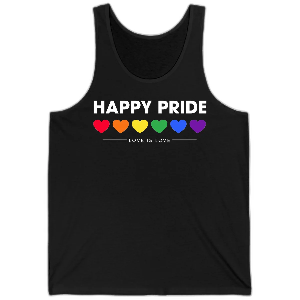 Love is love pride design with six colorful rainbow hearts and celebratory text on gray background in Black