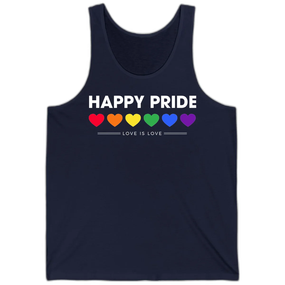 Love is love pride design with six colorful rainbow hearts and celebratory text on gray background in Navy