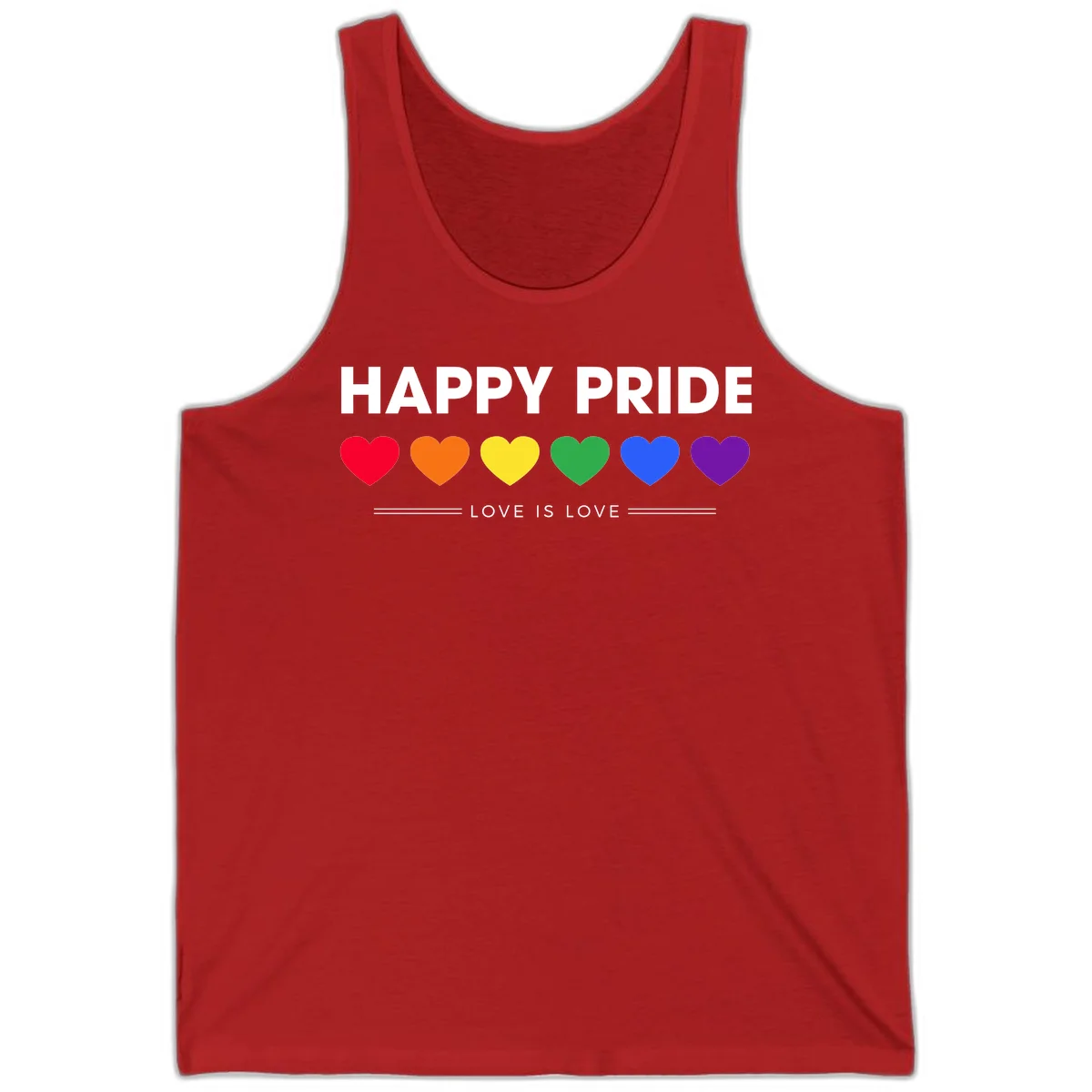 Love is love pride design with six colorful rainbow hearts and celebratory text on gray background in Red