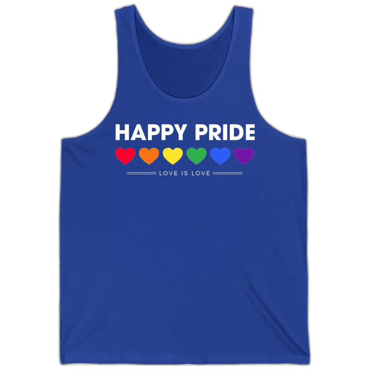 Love is love pride design with six colorful rainbow hearts and celebratory text on gray background in True Royal