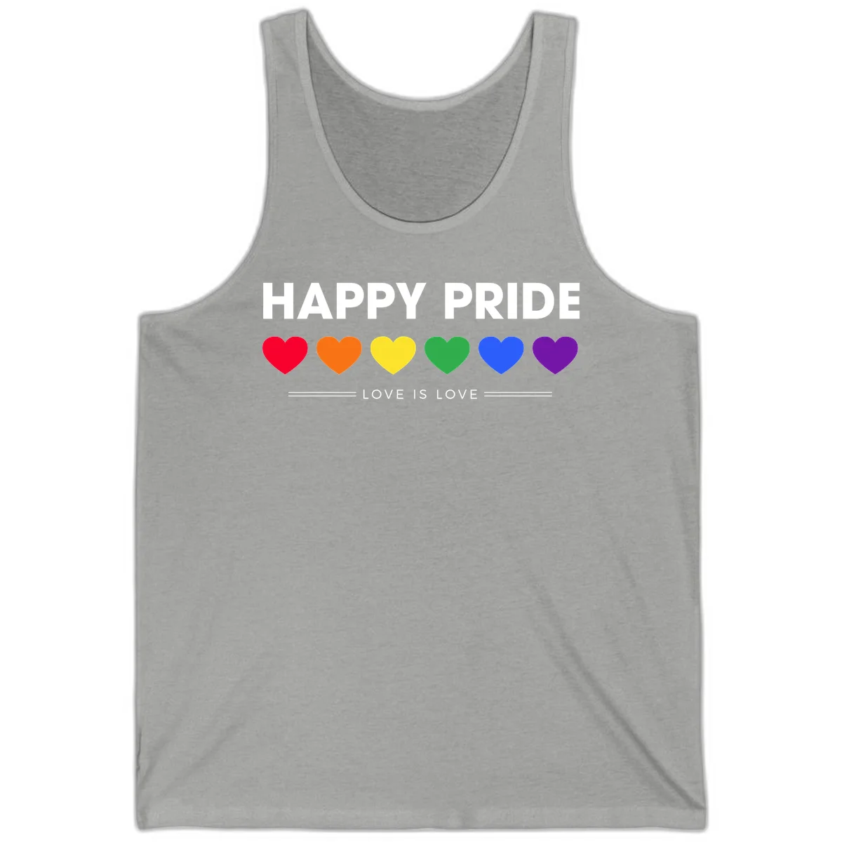 Love is love pride design with six colorful rainbow hearts and celebratory text on gray background in Athletic Heather