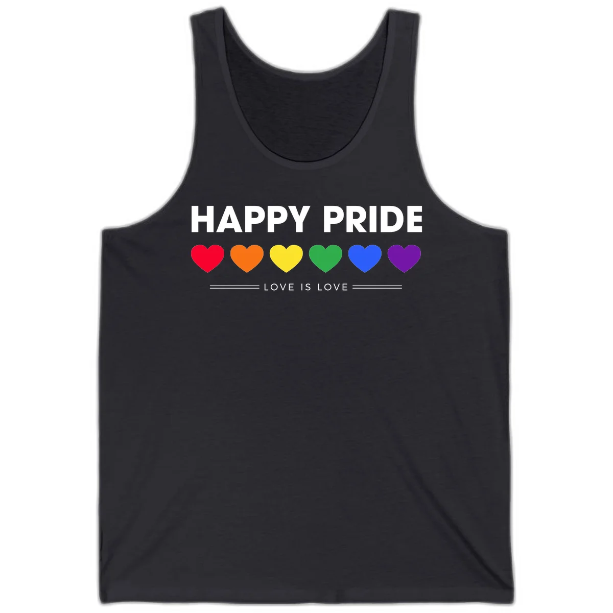 Love is love pride design with six colorful rainbow hearts and celebratory text on gray background in Dark Grey