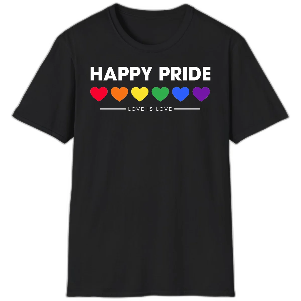 Love is love pride design with six colorful rainbow hearts and celebratory text on gray background in Black