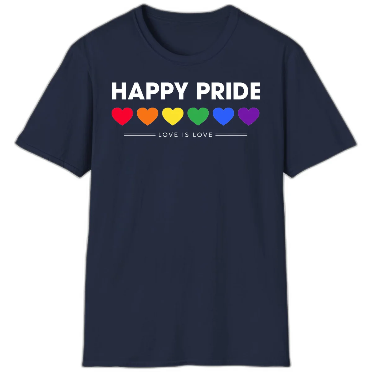 Love is love pride design with six colorful rainbow hearts and celebratory text on gray background in Navy