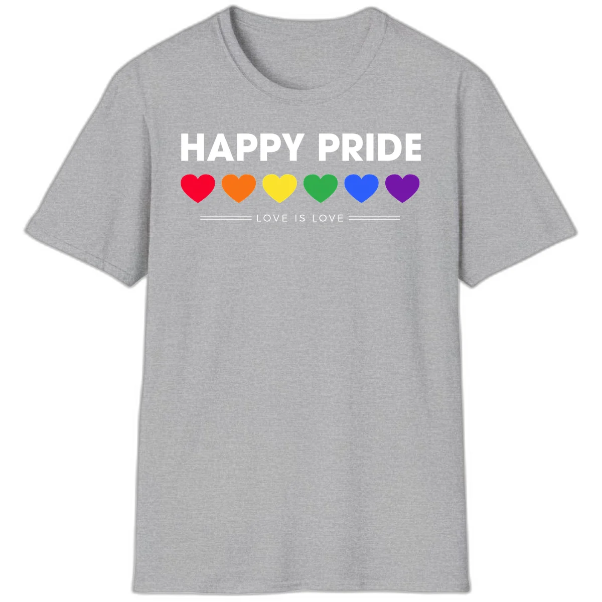 Love is love pride design with six colorful rainbow hearts and celebratory text on gray background in Sport Grey