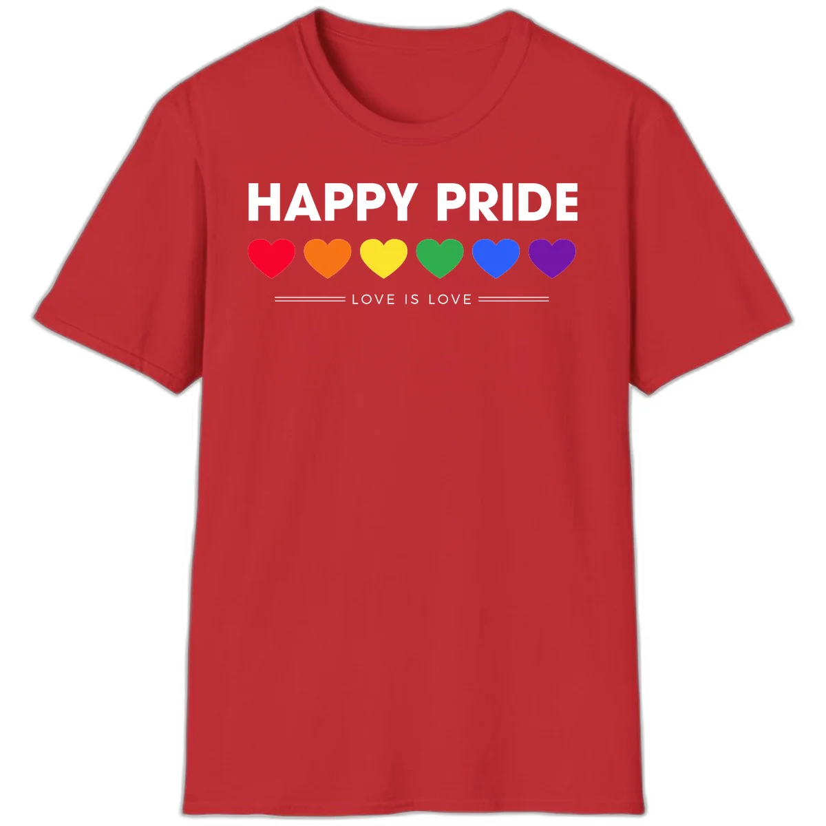 Love is love pride design with six colorful rainbow hearts and celebratory text on gray background in Red