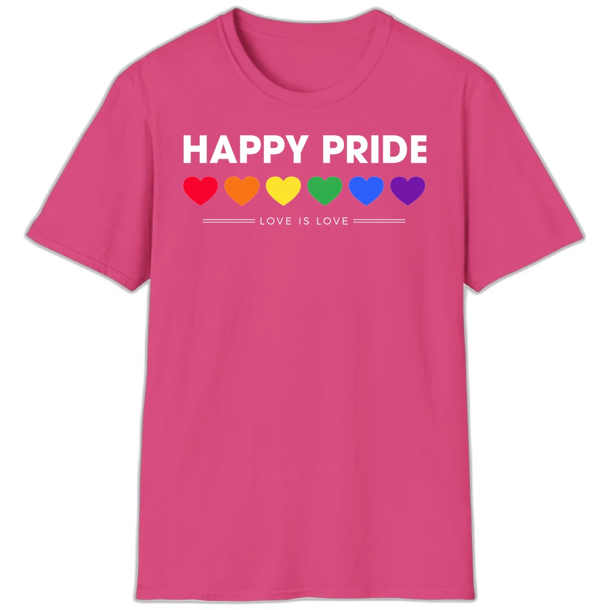 Love is love pride design with six colorful rainbow hearts and celebratory text on gray background in Heliconia