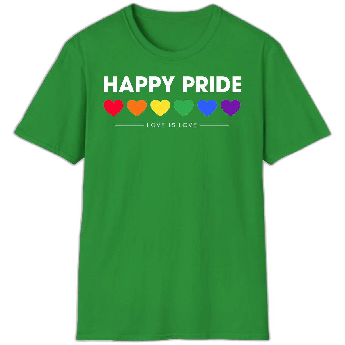 Love is love pride design with six colorful rainbow hearts and celebratory text on gray background in Irish Green