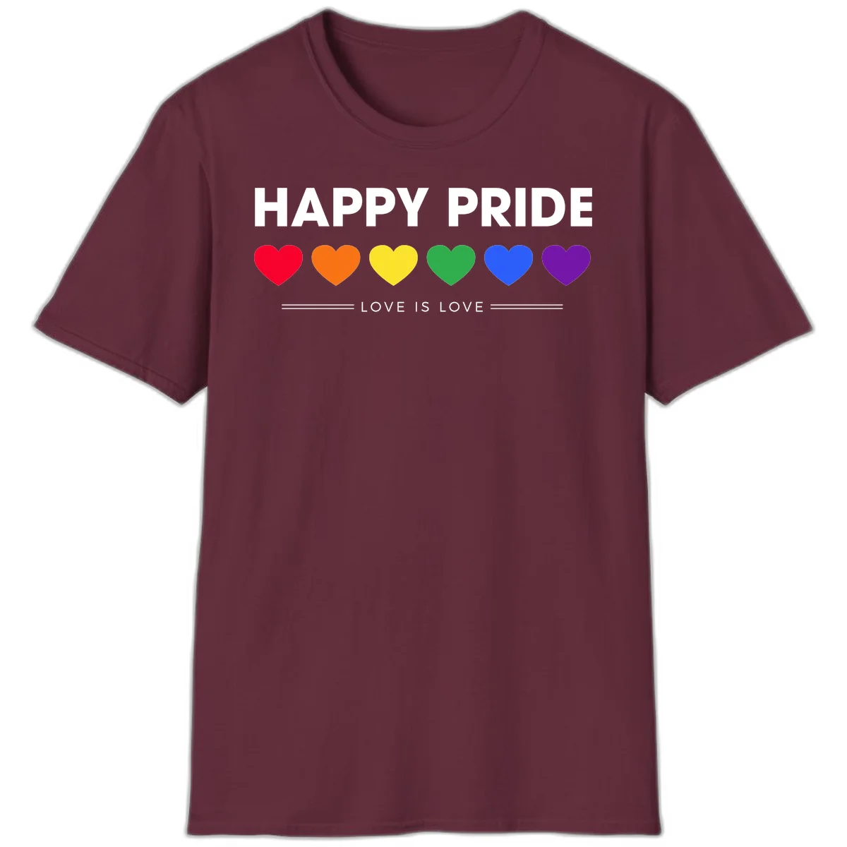 Love is love pride design with six colorful rainbow hearts and celebratory text on gray background in Maroon