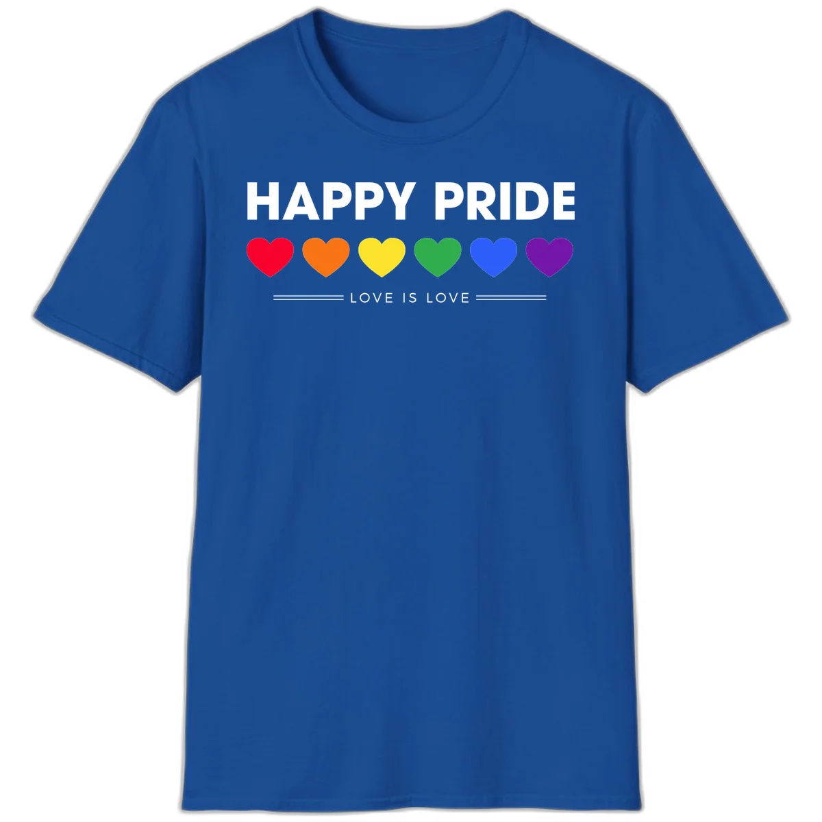 Love is love pride design with six colorful rainbow hearts and celebratory text on gray background in Royal
