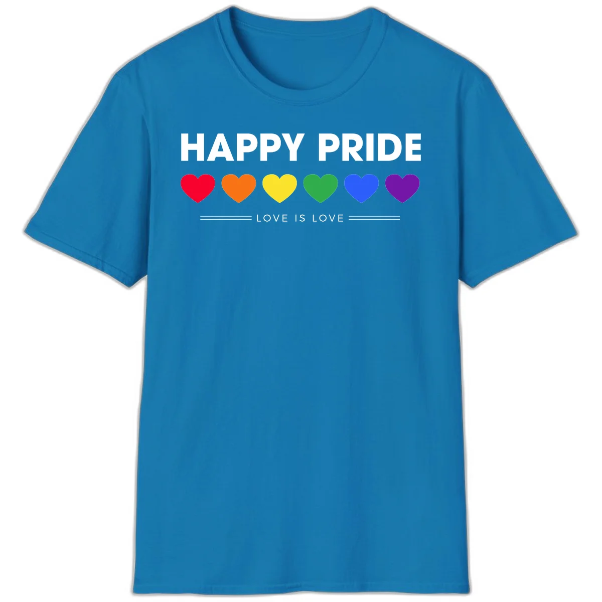 Love is love pride design with six colorful rainbow hearts and celebratory text on gray background in Sapphire