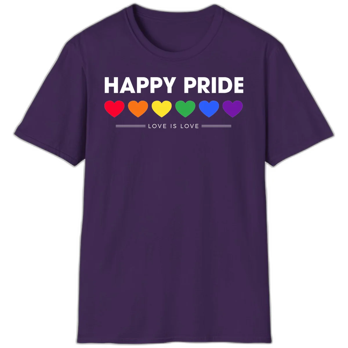 Love is love pride design with six colorful rainbow hearts and celebratory text on gray background in Purple