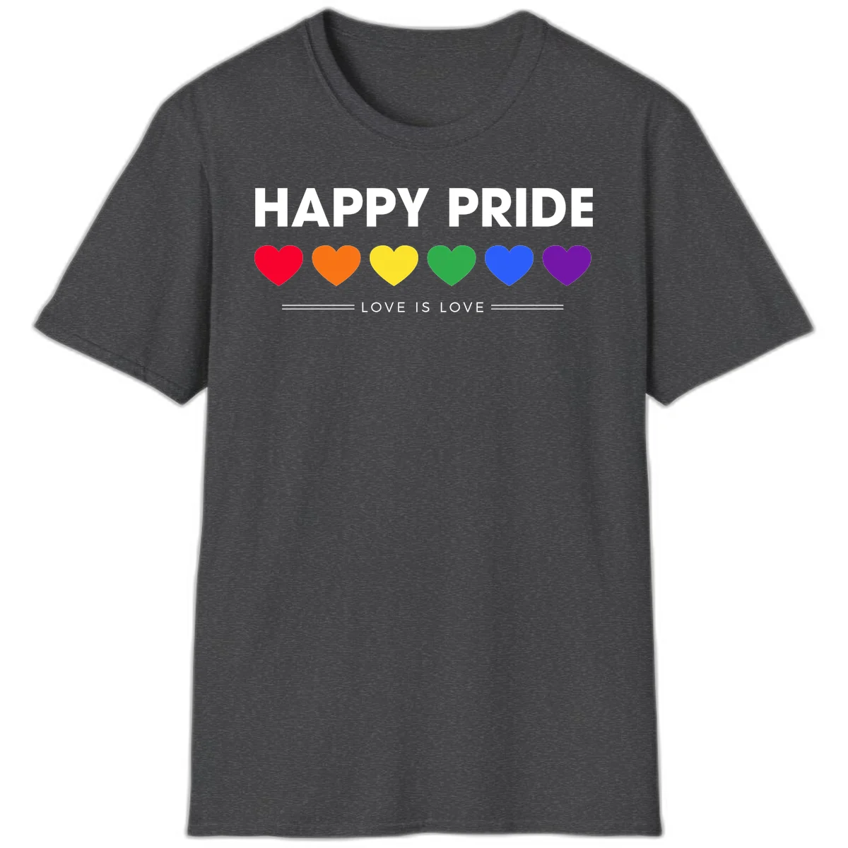 Love is love pride design with six colorful rainbow hearts and celebratory text on gray background in Dark Heather